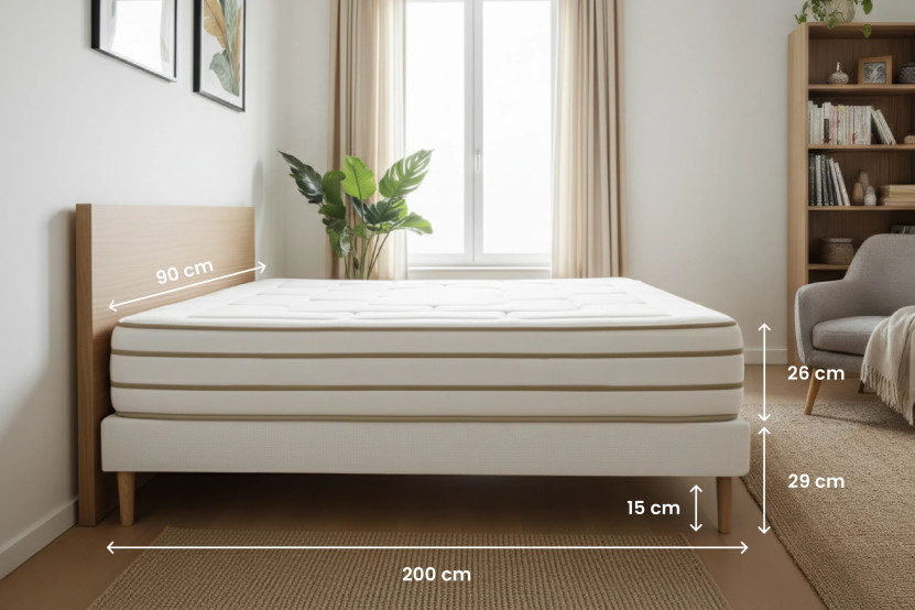 Ensemble Matelas Sommier 90x200 cm - Sommier Blanc (déjà monté) - Le Douillet