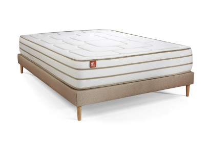 Pack lit complet 200x200 cm - Matelas + Sommier Beige (en kit) + 2 oreillers + Couette - Le Douillet