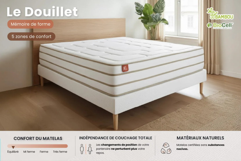 Pack lit complet 200x200 cm - Matelas + Sommier Beige (en kit) + 2 oreillers + Couette - Le Douillet