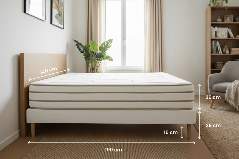 Pack lit complet 140x190 cm - Matelas + Sommier Beige + 2 oreillers + Couette - Le Douillet