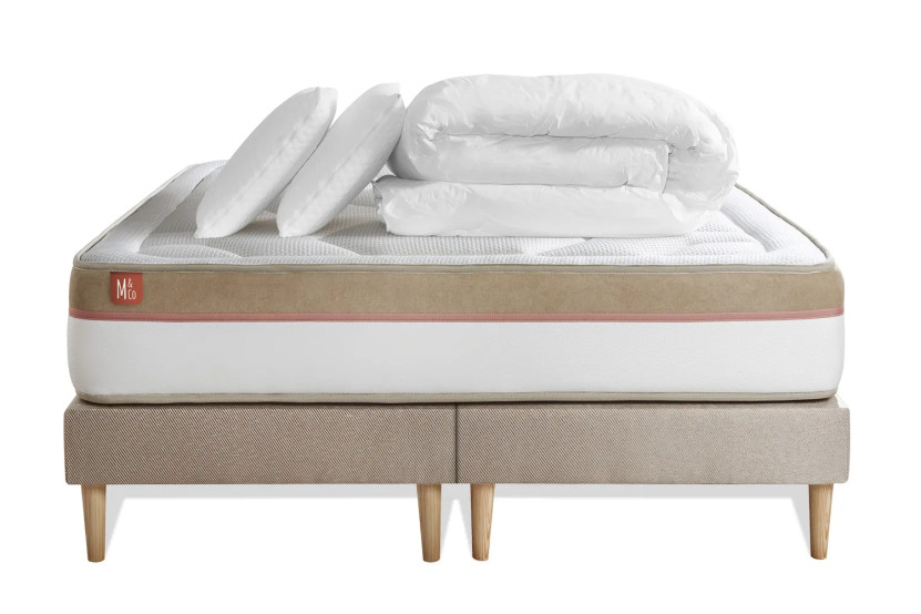 Pack lit complet 180x200 cm - Matelas + 2 Sommiers Beiges + 2 oreillers + Couette - Le Cosy