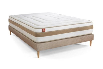 Pack lit complet 140x200 cm - Matelas + Sommier Beige + 2 oreillers + Couette - Le Raffiné
