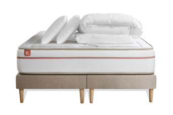 Pack lit complet 160x200 cm - Matelas + 2 Sommiers Beiges + 2 oreillers + Couette - Le Paisible