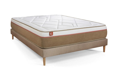 Pack lit complet 140x200 cm - Matelas + Sommier Beige + 2 oreillers + Couette - Le Soyeux