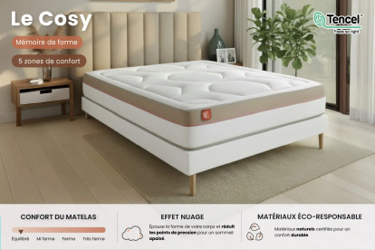 Pack lit complet 160x200 cm - Matelas + Sommier Beige (en kit) + 2 oreillers + Couette - Le Cosy