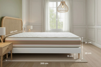 Pack lit complet 140x200 cm - Matelas + Sommier Beige (en kit) + 2 oreillers + Couette - Le Délicat