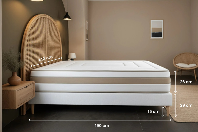 Pack lit complet 140x190 cm - Matelas + Sommier Blanc (en kit) + 2 oreillers + Couette - Le Raffiné
