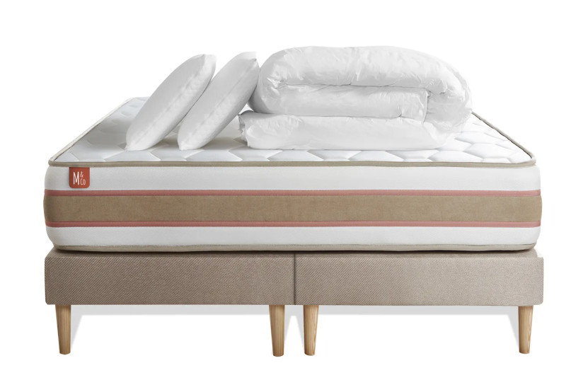 Pack lit complet 160x200 cm - Matelas + 2 Sommiers Beiges + 2 oreillers + Couette - Le Délicat