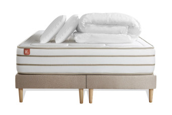 Pack lit complet 200x200 cm - Matelas + 2 Sommiers Beiges + 2 oreillers + Couette - Le Douillet