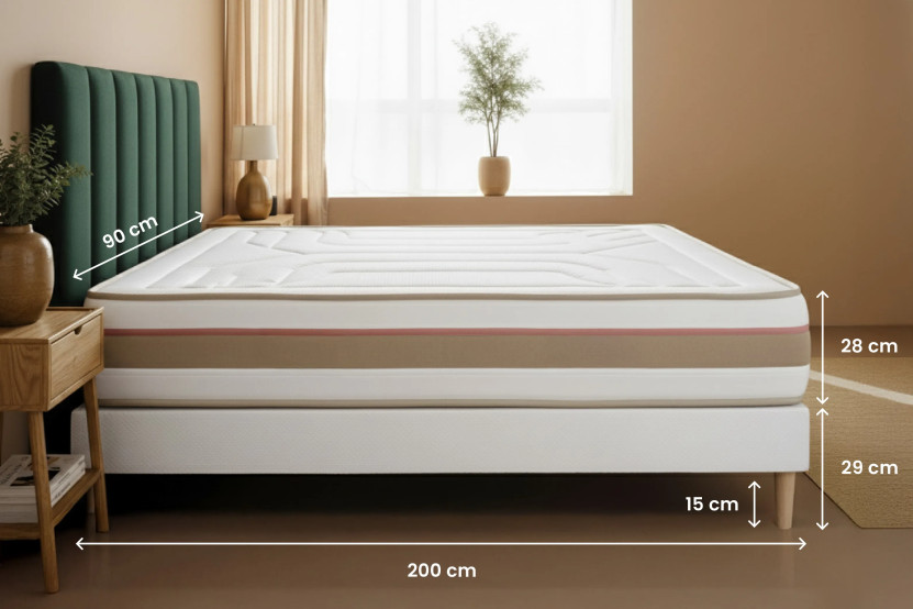 Ensemble Matelas Sommier 90x200 cm - Sommier Blanc (en kit) - Le Tendre