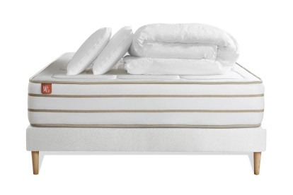 Pack lit complet 140x190 cm - Matelas + Sommier Blanc (en kit) + 2 oreillers + Couette - Le Douillet