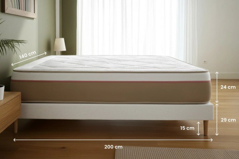 Pack lit complet 140x200 cm - Matelas + Sommier Beige (en kit) + 2 oreillers + Couette - Le Soyeux