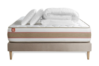 Pack lit complet 140x190 cm - Matelas + Sommier Beige + 2 oreillers + Couette - Le Délicat