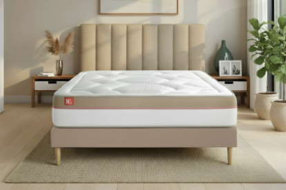 Pack lit complet 200x200 cm - Matelas + Sommier Beige (en kit) + 2 oreillers + Couette - Le Cosy