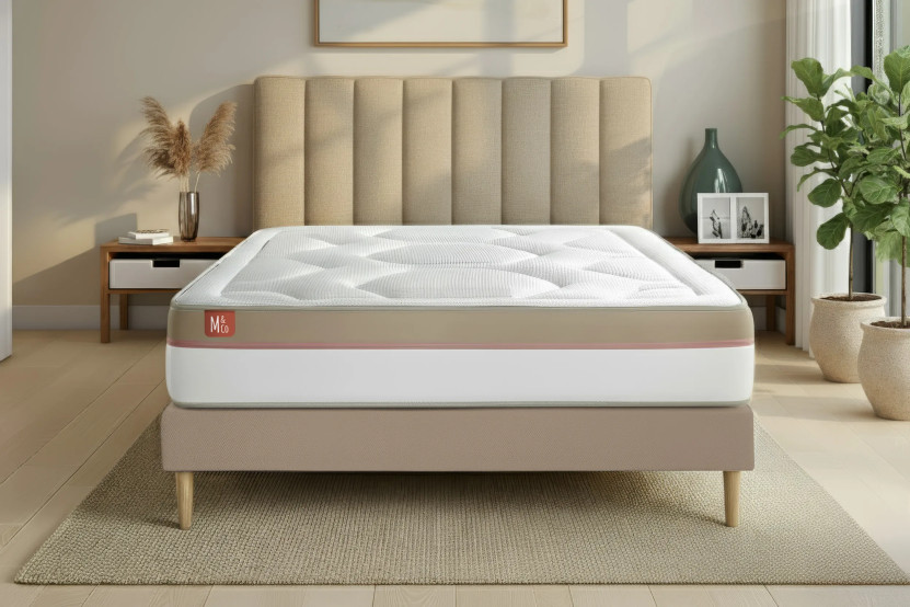 Pack lit complet 160x200 cm - Matelas + Sommier Beige + 2 oreillers + Couette - Le Cosy