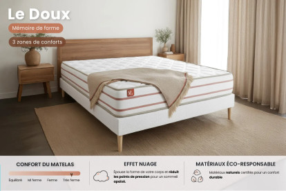 Pack lit complet 140x190 cm - Matelas + Sommier Blanc + 2 oreillers + Couette - Le Doux