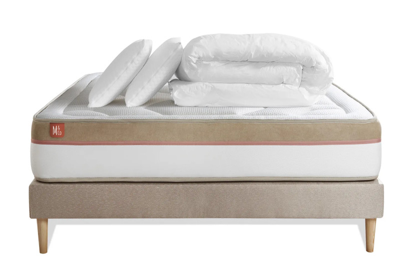 Pack lit complet 160x200 cm - Matelas + Sommier Beige + 2 oreillers + Couette - Le Cosy