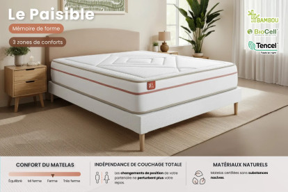 Ensemble Matelas Sommier 90x200 cm - Sommier Blanc (déjà monté) - Le Paisible