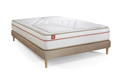 Pack lit complet 140x200 cm - Matelas + Sommier Beige + 2 oreillers + Couette - Le Paisible