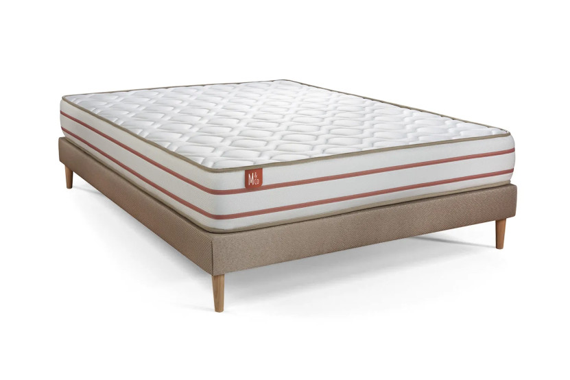 Pack lit complet 160x200 cm - Matelas + Sommier Beige (en kit) + 2 oreillers + Couette - Le Doux