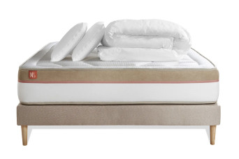 Pack lit complet 140x190 cm - Matelas + Sommier Beige (en kit) + 2 oreillers + Couette - Le Cosy