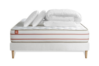 Pack lit complet 200x200 cm - Matelas + Sommier Blanc (en kit) + 2 oreillers + Couette - Le Doux