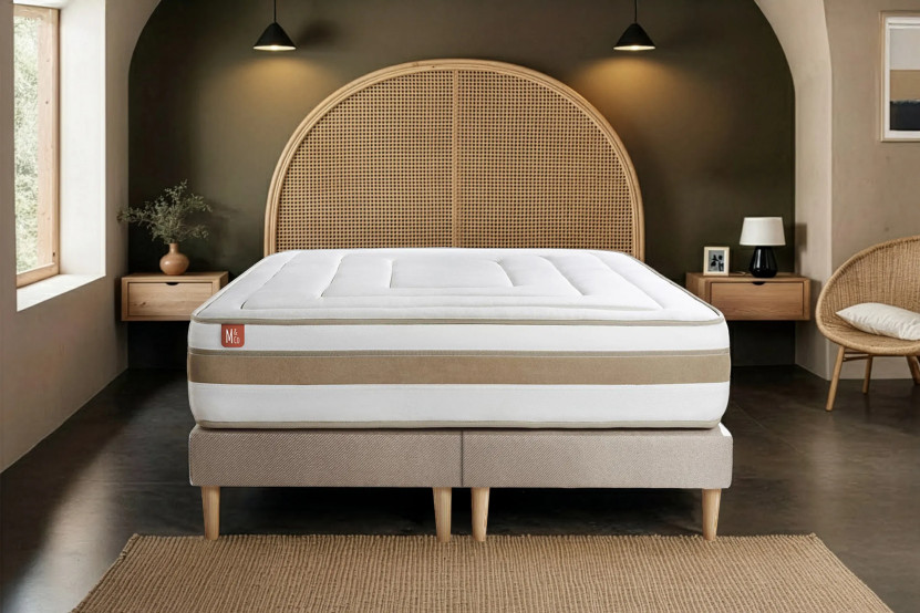 Pack lit complet 180x200 cm - Matelas + 2 Sommiers Beiges + 2 oreillers + Couette - Le Raffiné