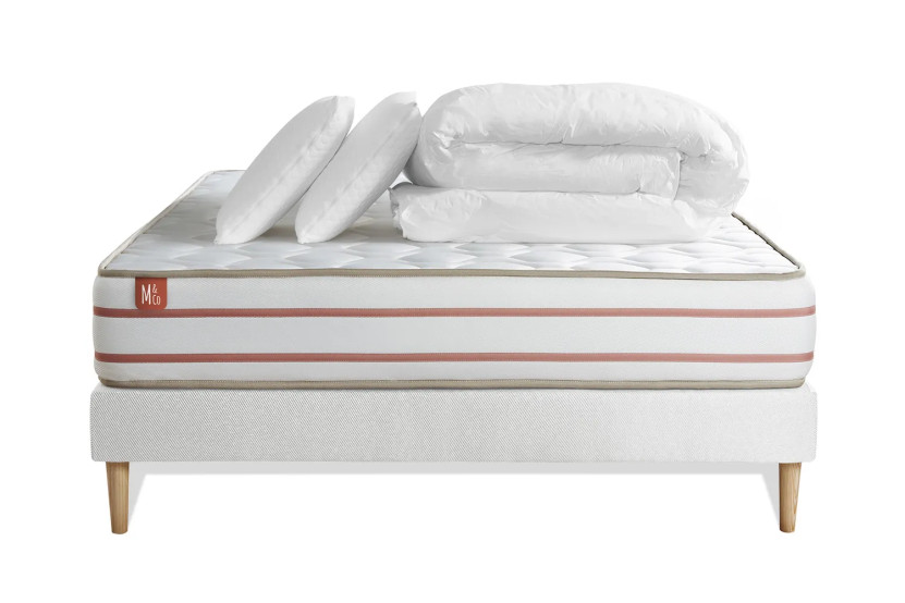 Pack lit complet 140x190 cm - Matelas + Sommier Blanc + 2 oreillers + Couette - Le Doux