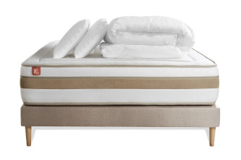 Pack lit complet 160x200 cm - Matelas + Sommier Beige + 2 oreillers + Couette - Le Raffiné