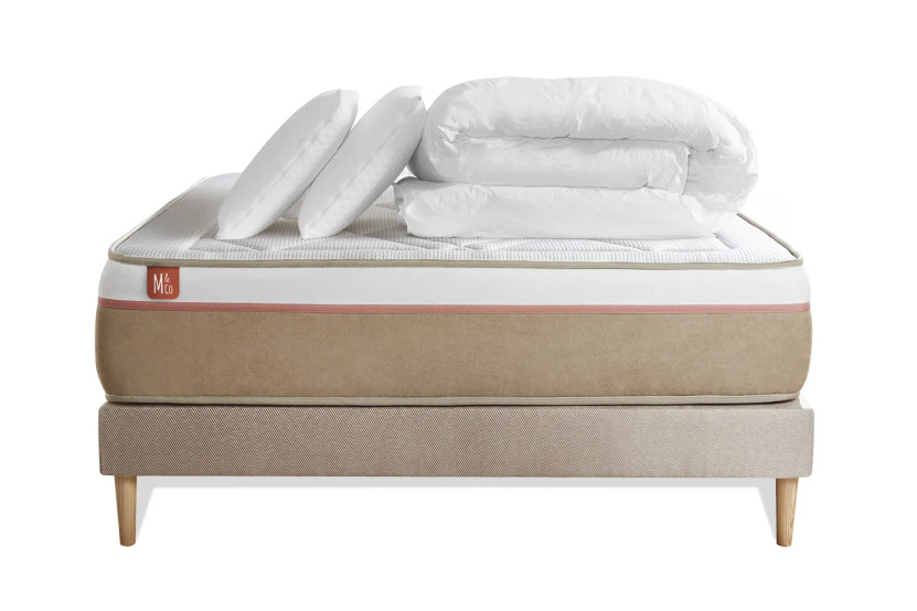 Pack lit complet 140x200 cm - Matelas + Sommier Beige + 2 oreillers + Couette - Le Soyeux