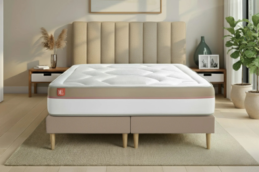 Pack lit complet 200x200 cm - Matelas + 2 Sommiers Beiges + 2 oreillers + Couette - Le Cosy