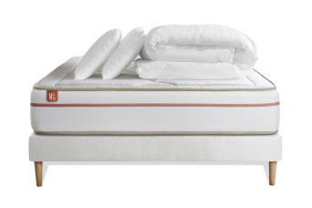 Pack lit complet 180x200 cm - Matelas + Sommier Blanc (en kit) + 2 oreillers + Couette - Le Paisible