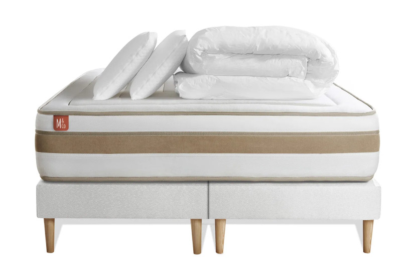 Pack lit complet 160x200 cm - Matelas + 2 Sommiers Blancs + 2 oreillers + Couette - Le Raffiné