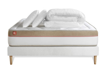 Pack lit complet 140x190 cm - Matelas + Sommier Blanc + 2 oreillers + Couette - Le Cosy