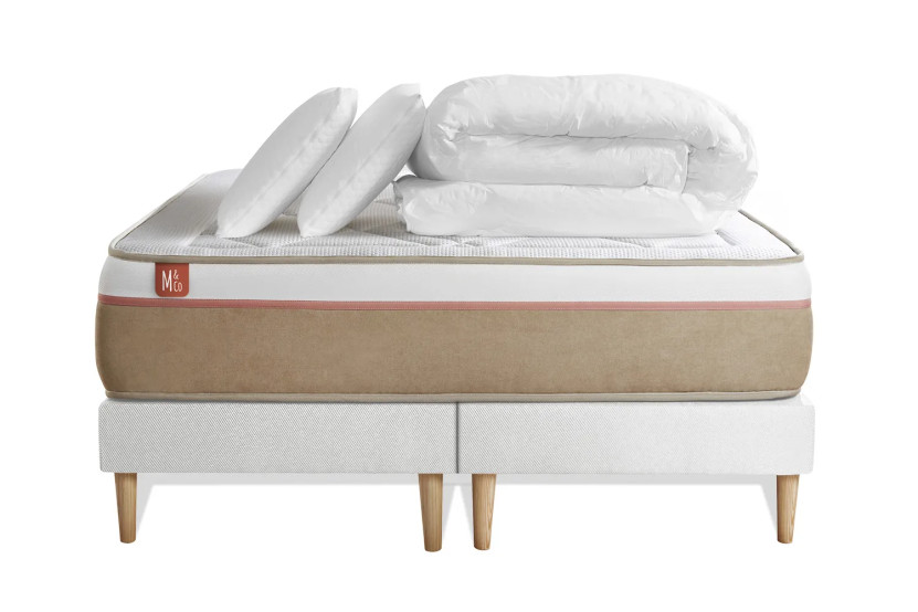Pack lit complet 200x200 cm - Matelas + 2 Sommiers Blancs + 2 oreillers + Couette - Le Soyeux