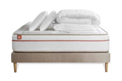 Pack lit complet 140x200 cm - Matelas + Sommier Beige (en kit) + 2 oreillers + Couette - Le Paisible