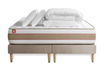Pack lit complet 200x200 cm - Matelas + 2 Sommiers Beiges + 2 oreillers + Couette - Le Délicat