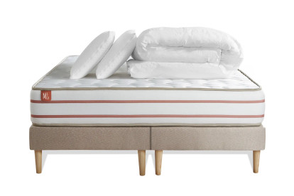 Pack lit complet 160x200 cm - Matelas + 2 Sommiers Beiges + 2 oreillers + Couette - Le Doux