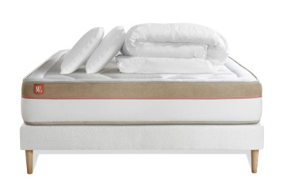 Pack lit complet 160x200 cm - Matelas + Sommier Blanc (en kit) + 2 oreillers + Couette - Le Cosy