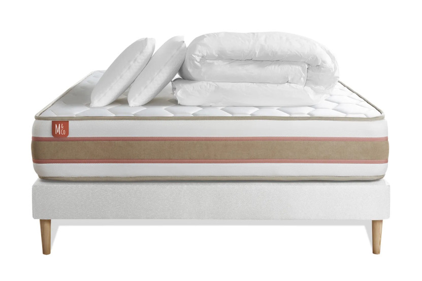 Pack lit complet 140x200 cm - Matelas + Sommier Blanc (en kit) + 2 oreillers + Couette - Le Délicat