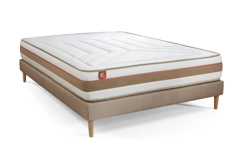 Pack lit complet 140x200 cm - Matelas + Sommier Beige + 2 oreillers + Couette - Le Tendre
