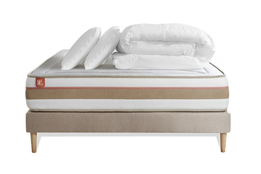 Pack lit complet 140x200 cm - Matelas + Sommier Beige + 2 oreillers + Couette - Le Tendre