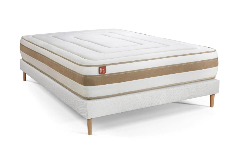 Pack lit complet 140x190 cm - Matelas + Sommier Blanc (en kit) + 2 oreillers + Couette - Le Raffiné