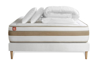 Pack lit complet 140x190 cm - Matelas + Sommier Blanc (en kit) + 2 oreillers + Couette - Le Raffiné