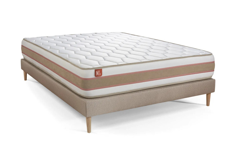 Pack lit complet 160x200 cm - Matelas + Sommier Beige (en kit) + 2 oreillers + Couette - Le Délicat