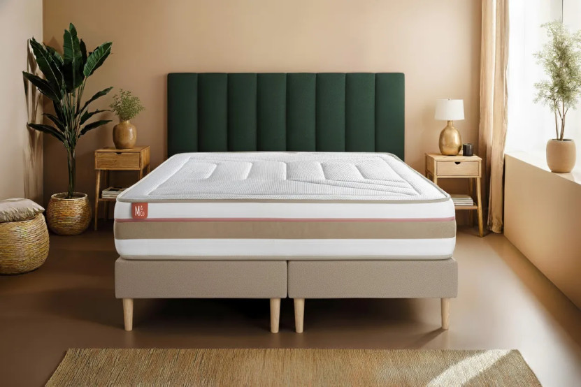 Pack lit complet 180x200 cm - Matelas + 2 Sommiers Beiges + 2 oreillers + Couette - Le Tendre