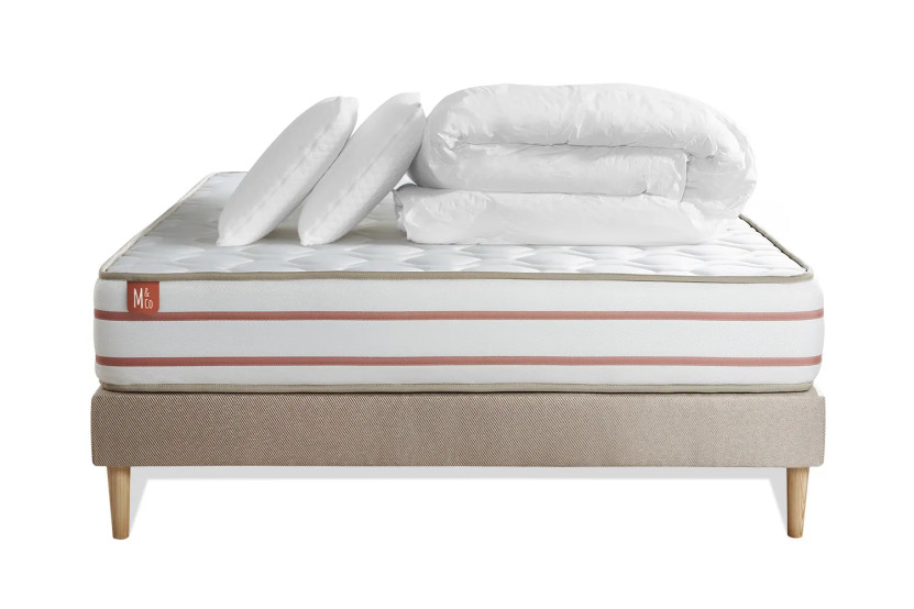 Pack lit complet 180x200 cm - Matelas + Sommier Beige (en kit) + 2 oreillers + Couette - Le Doux