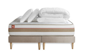 Pack lit complet 180x200 cm - Matelas + 2 Sommiers Beiges + 2 oreillers + Couette - Le Tendre